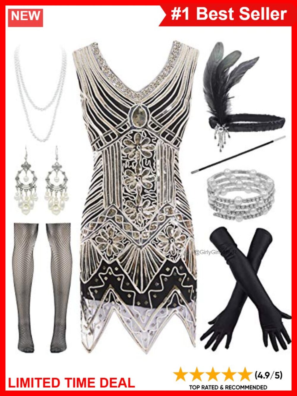 1920s Flapper Sequins Dress with Accessories Set